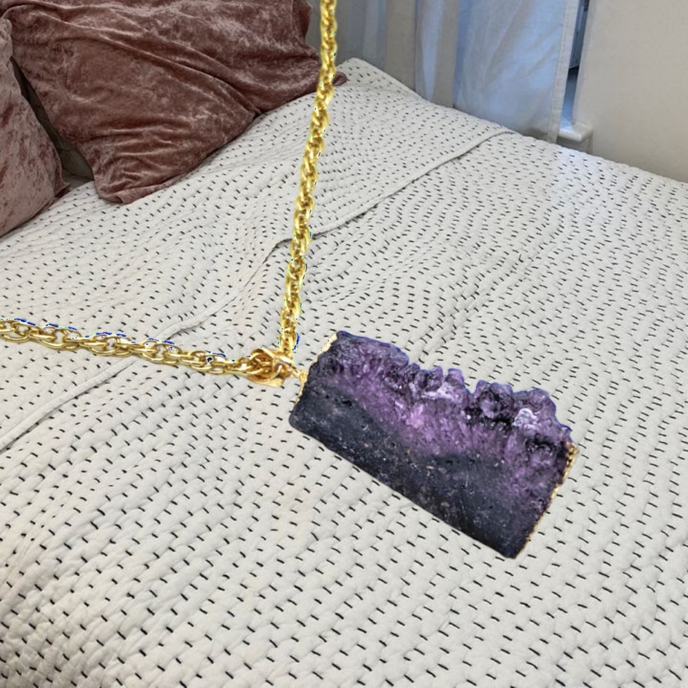 Stalactite Amethyst Gemstone Pendant with Gold Tone